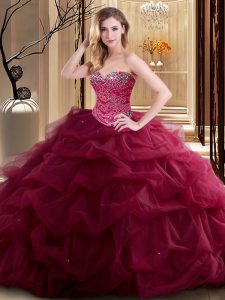 Glorious Burgundy Ball Gowns Sweetheart Sleeveless Tulle Floor Length Lace Up Beading and Ruffles Sweet 16 Dresses