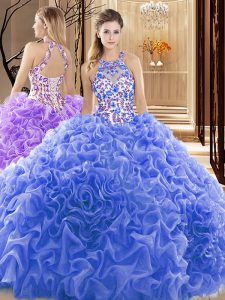 Blue Organza Backless Sweet 16 Dresses Sleeveless Court Train Embroidery and Ruffles