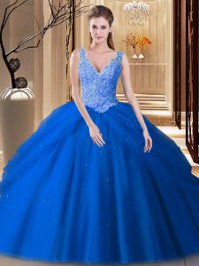 Amazing Pick Ups V-neck Sleeveless Backless Quinceanera Gowns Blue Tulle
