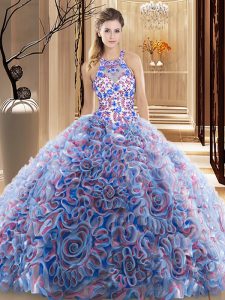 Criss Cross Fabric With Rolling Flowers Sleeveless Quinceanera Gowns Brush Train and Ruffles and Pattern