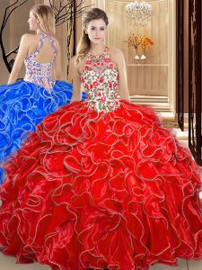 Enchanting Scoop Sleeveless Backless Floor Length Embroidery and Ruffles Sweet 16 Dress