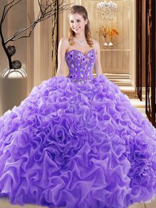 Affordable Lavender Sweetheart Lace Up Embroidery and Ruffles and Pick Ups Vestidos de Quinceanera Court Train Sleeveless
