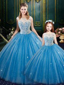 Cheap Baby Blue Sleeveless Floor Length Lace Lace Up 15th Birthday Dress