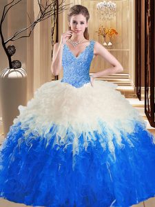 Super Blue And White V-neck Zipper Lace and Appliques and Ruffles Quinceanera Gown Sleeveless
