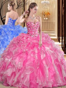 Rose Pink Ball Gowns Sweetheart Sleeveless Organza Floor Length Lace Up Embroidery and Ruffles 15 Quinceanera Dress