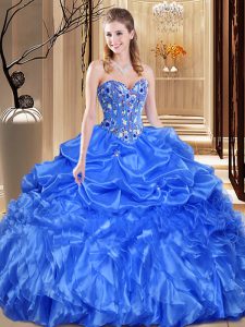 Fashionable Royal Blue Lace Up Sweetheart Lace and Appliques 15th Birthday Dress Organza Sleeveless