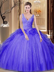 Free and Easy Lavender Tulle and Sequined Backless V-neck Sleeveless Floor Length Quinceanera Gowns Appliques and Ruffles and Sequins
