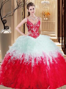 Noble Straps Sleeveless Lace Up Quinceanera Gowns White And Red Organza