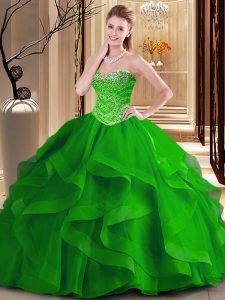 Romantic Beading and Ruffles Quince Ball Gowns Green Lace Up Sleeveless Floor Length