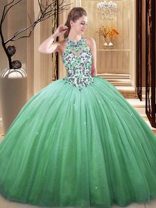 Clearance Sleeveless Floor Length Lace and Appliques Lace Up Sweet 16 Dress with Green