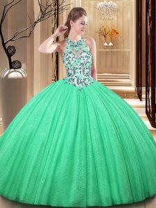 Classical Sleeveless Floor Length Lace and Appliques Lace Up Sweet 16 Dresses with Green