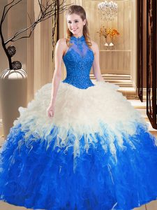 High Quality Blue And White Tulle Backless Sweet 16 Dress Sleeveless Floor Length Lace and Appliques and Ruffles