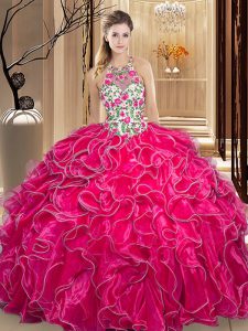 Eye-catching Organza Scoop Sleeveless Backless Embroidery and Ruffles Sweet 16 Dress in Hot Pink