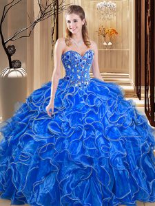 Sweet Floor Length Royal Blue Quince Ball Gowns Organza Sleeveless Embroidery and Ruffles
