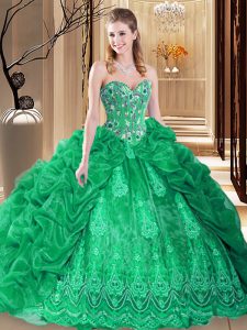 Organza Sweetheart Sleeveless Court Train Lace Up Embroidery and Pick Ups Quince Ball Gowns in Green
