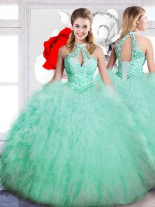 High-neck Sleeveless Lace Up Sweet 16 Dress Apple Green Tulle