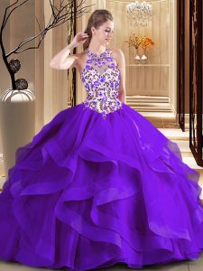 Flare Scoop Purple Sleeveless Embroidery Lace Up Ball Gown Prom Dress
