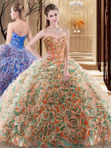 Multi-color Sleeveless Fabric With Rolling Flowers Brush Train Lace Up Quinceanera Dress for Military Ball and Sweet 16 and Quinceanera
