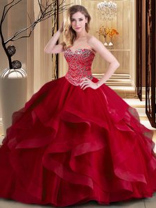 Clearance Wine Red Tulle Lace Up Sweet 16 Dresses Sleeveless Floor Length Beading and Ruffles