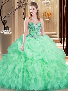 Apple Green Lace Up Quinceanera Gown Embroidery and Ruffles Sleeveless Brush Train