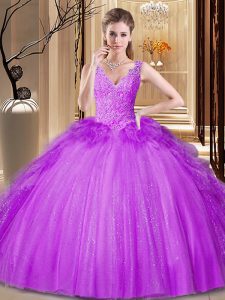 Custom Fit Purple Tulle and Sequined Backless Sweet 16 Dresses Sleeveless Floor Length Appliques and Ruffles and Sequins