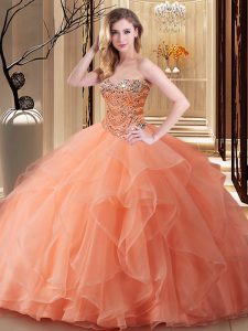 Simple Sweetheart Sleeveless Sweet 16 Dresses Floor Length Beading Peach Tulle