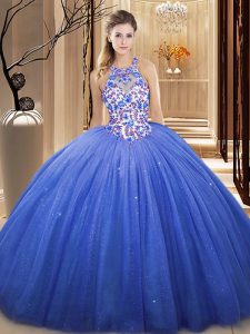 Admirable Floor Length Lace Up Quince Ball Gowns Blue for Military Ball and Sweet 16 and Quinceanera with Lace and Appliques