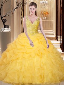 V-neck Sleeveless Organza Quinceanera Gown Lace and Appliques and Ruffles and Pick Ups Backless