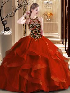Charming Scoop Rust Red Sleeveless Embroidery and Ruffles Backless 15th Birthday Dress