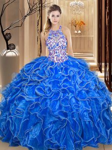Royal Blue Backless Scoop Embroidery and Ruffles Vestidos de Quinceanera Organza Sleeveless