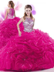Fuchsia Taffeta Zipper 15th Birthday Dress Sleeveless Court Train Ruffles and Pick Ups