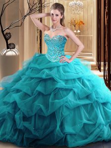 Popular Teal Ball Gowns Tulle Sweetheart Sleeveless Beading and Ruffles Floor Length Zipper Quinceanera Dresses