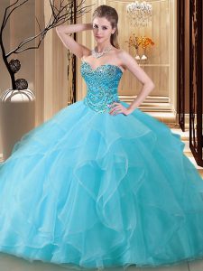 Aqua Blue Ball Gowns Tulle Sweetheart Sleeveless Beading Floor Length Lace Up 15th Birthday Dress
