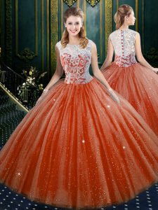 Orange Red Tulle Zipper 15 Quinceanera Dress Sleeveless Floor Length Lace