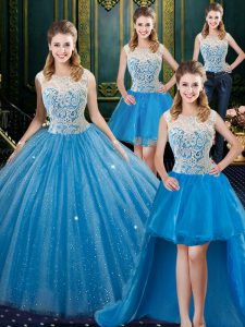 Four Piece Sleeveless Floor Length Lace Zipper Quince Ball Gowns with Baby Blue Brush Train