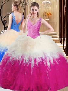 Tulle V-neck Sleeveless Zipper Lace and Appliques and Ruffles Sweet 16 Dresses in Multi-color