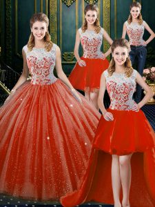 Dynamic Four Piece Orange Red High-neck Neckline Beading and Lace Quinceanera Dresses Sleeveless Zipper