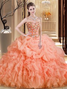 Orange Ball Gowns Beading and Embroidery and Ruffles 15th Birthday Dress Lace Up Organza Sleeveless