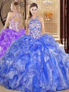 Beauteous Scoop Blue Organza Backless 15th Birthday Dress Sleeveless Floor Length Embroidery and Ruffles