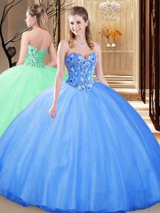 Sleeveless Floor Length Embroidery Lace Up Sweet 16 Dress with Blue