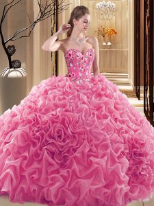 Graceful Pick Ups Floor Length Rose Pink Quinceanera Dresses Sweetheart Sleeveless Lace Up