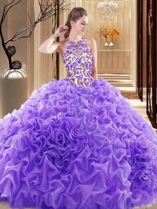Organza High-neck Sleeveless Brush Train Backless Embroidery and Ruffles Quinceanera Gowns in Lavender