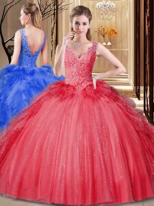 High Quality Backless V-neck Sleeveless Quince Ball Gowns Floor Length Appliques and Sequins and Pick Ups Red Tulle and Sequined