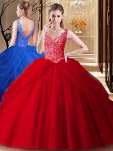 Simple Backless Floor Length Red Quince Ball Gowns Tulle Sleeveless Lace and Appliques and Pick Ups