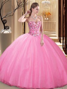 Admirable Sleeveless Floor Length Embroidery Lace Up Ball Gown Prom Dress with Rose Pink