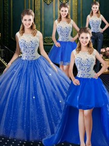 Sweet Four Piece Tulle High-neck Sleeveless Brush Train Zipper Lace Sweet 16 Dresses in Royal Blue