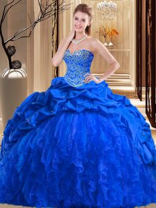 Sleeveless Taffeta and Tulle Brush Train Lace Up 15 Quinceanera Dress in Royal Blue with Beading and Ruffles