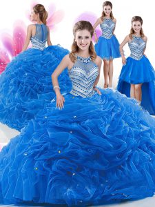 Superior Four Piece Sleeveless Organza Floor Length Zipper Quinceanera Gowns in Royal Blue with Beading and Pick Ups