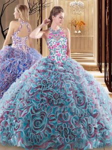 Modest Multi-color Ball Gowns Ruffles and Pattern Quince Ball Gowns Criss Cross Fabric With Rolling Flowers Sleeveless