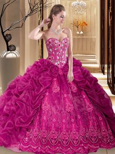 Fuchsia Organza Lace Up Quinceanera Dresses Sleeveless Court Train Embroidery and Pick Ups